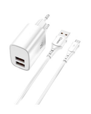 Pack cargador 2,4A 12W 2 Puertos USB + cable microUSB Blanco QCHARX Apolo