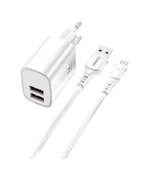Pack cargador 2,4A 12W 2 Puertos USB + cable microUSB Blanco QCHARX Apolo
